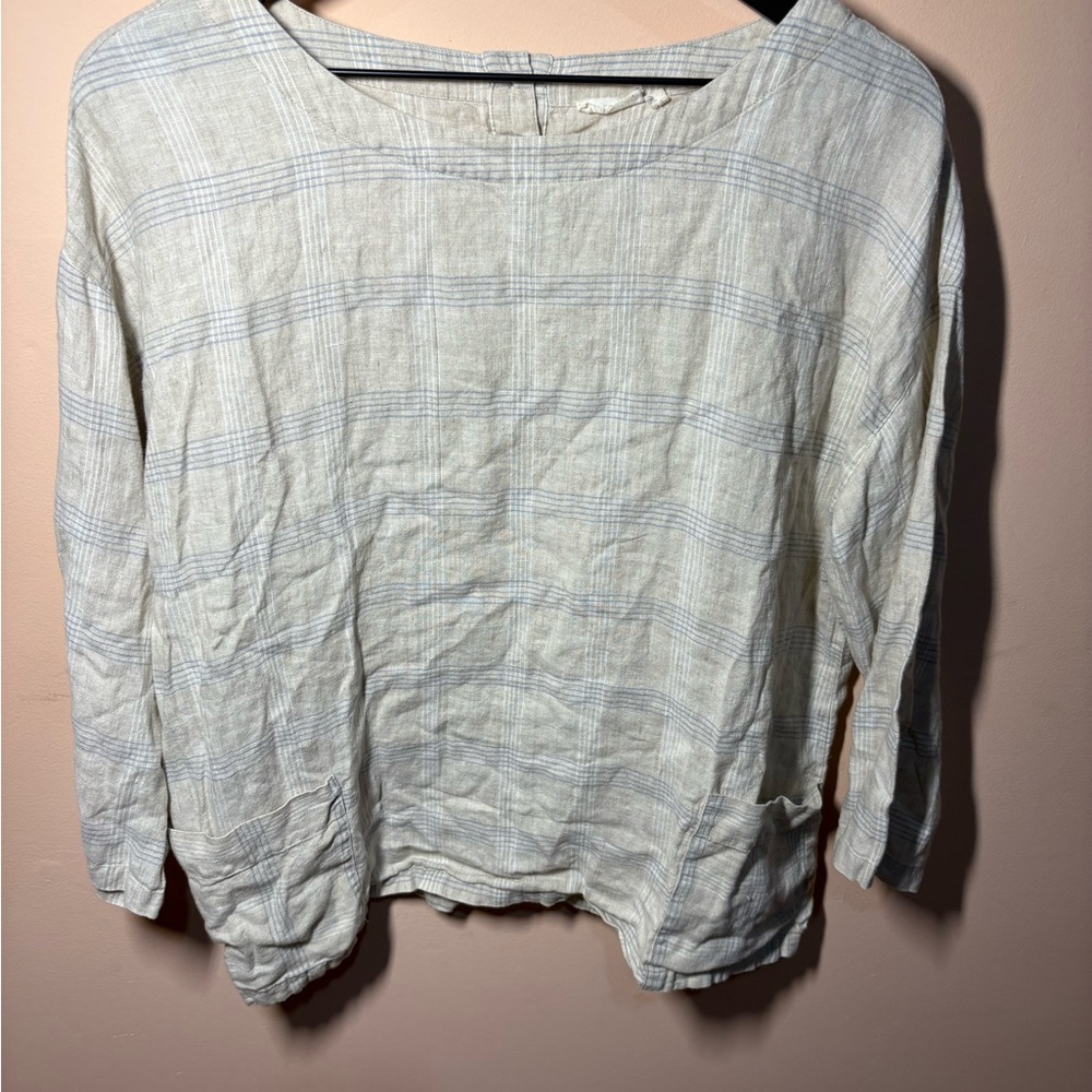 Eileen Fisher Plaid Linen Look Top XS Beige Blue Relaxed Fit Long Sleeve